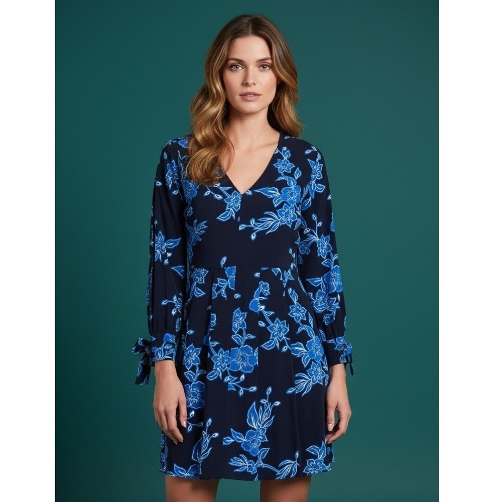 Draper James Navy Blue Floral V-Neck Mini Dress with Bow Cuffs and Slit Sleeves